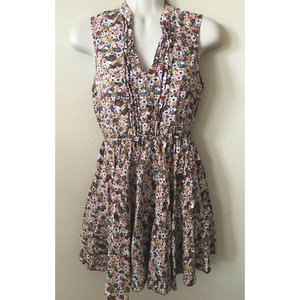 Forever 21 Brown Floral V Neck Pin Tuck Sleeveless Elastic Waist Womens Dress S